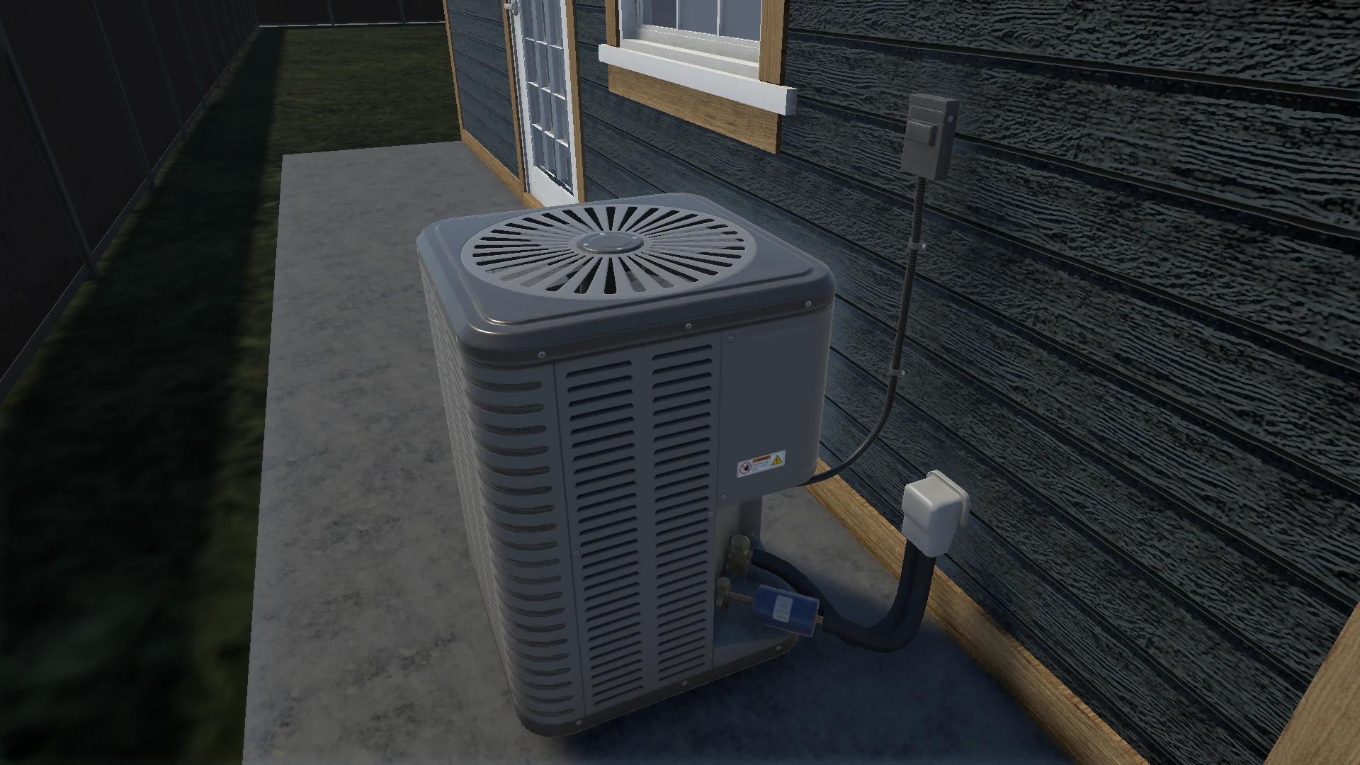 GuideNAR AC condenser with fan grille, cabinet and connections beside the house.