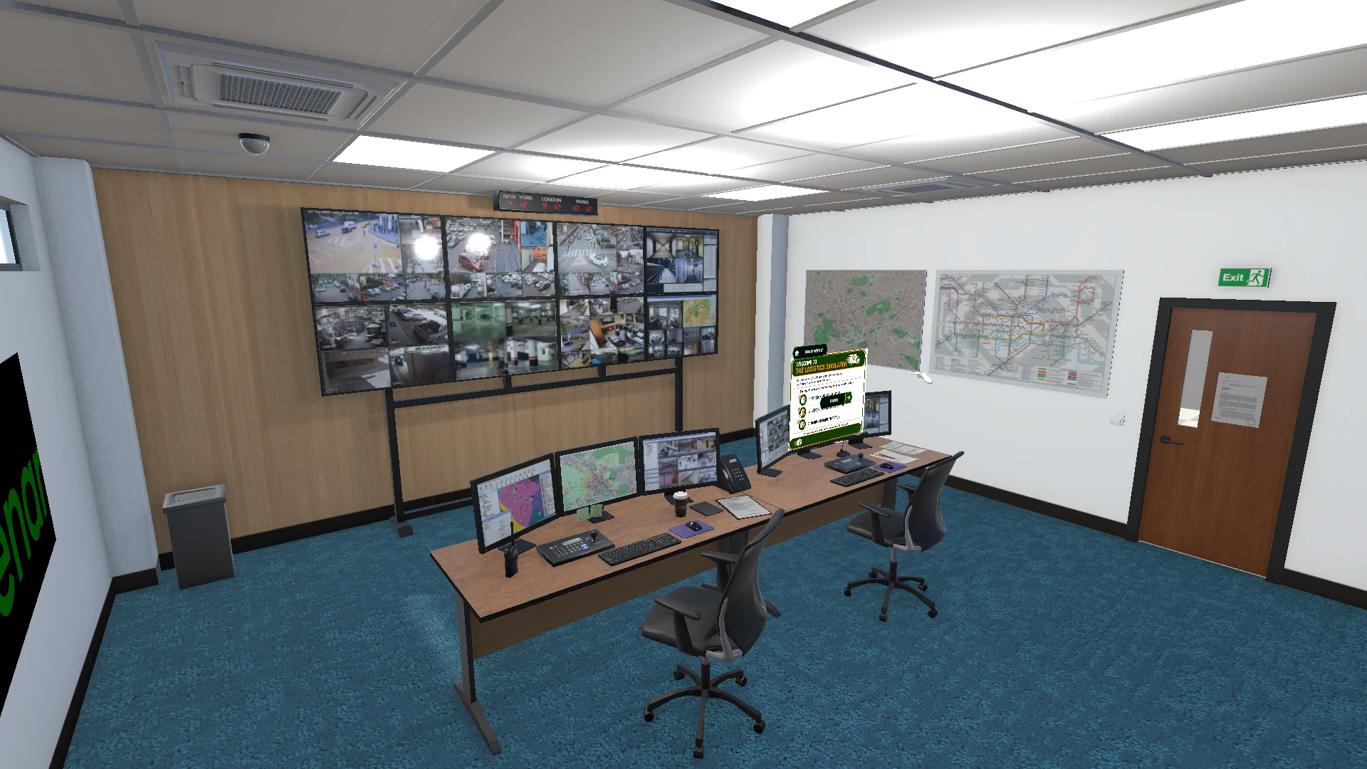 GuideNAR logistics control room with dispatch desks, monitoring wall and maps.