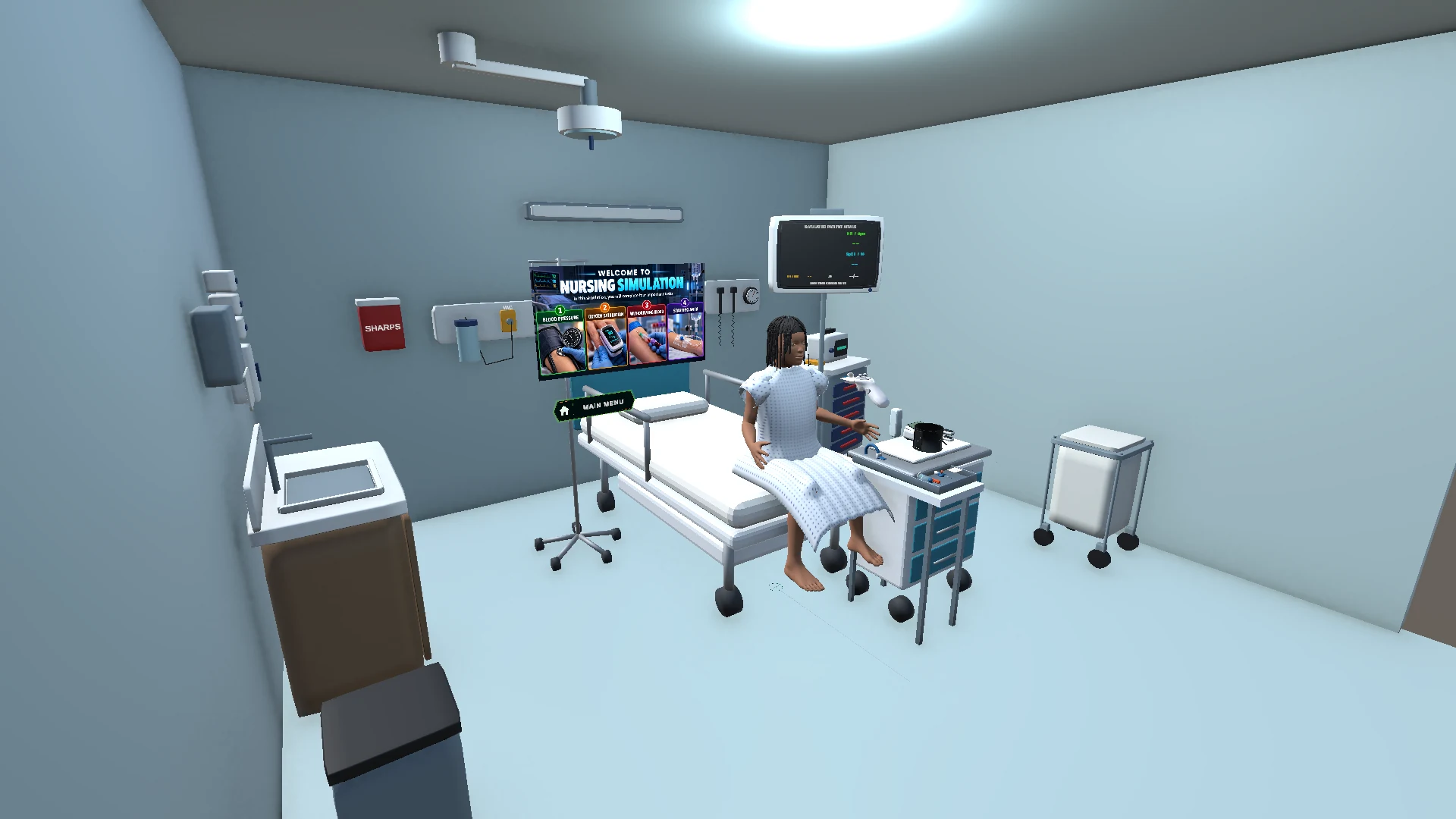 GuideNAR emergency-room training environment with patient and medical equipment.