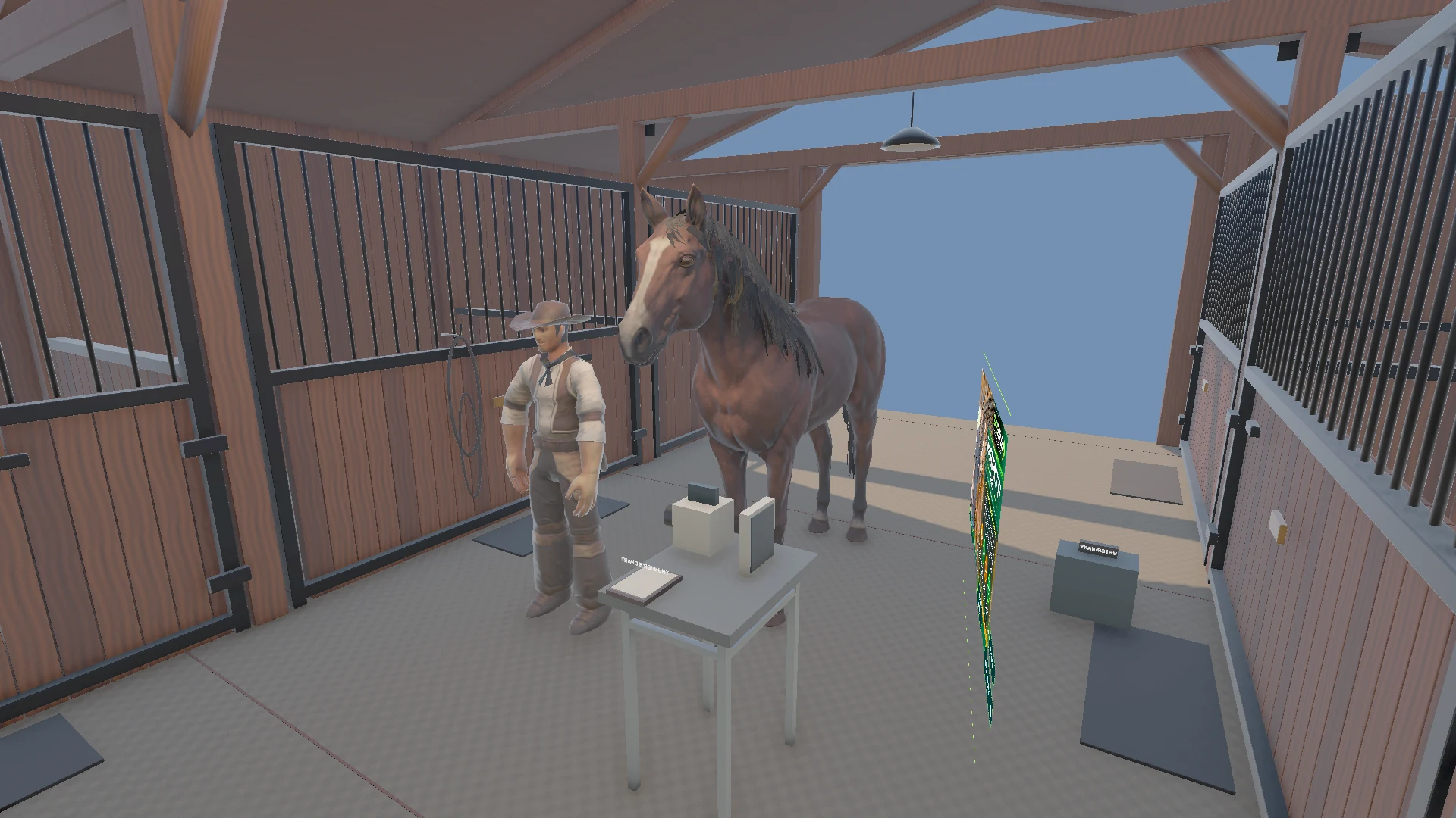 GuideNAR stable environment with Thunder, stable hand and examination equipment.