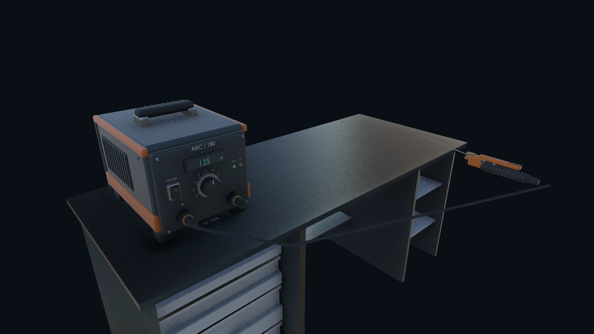 Original GuideNAR welding machine and electrode holder shown on the workbench without training outlines.